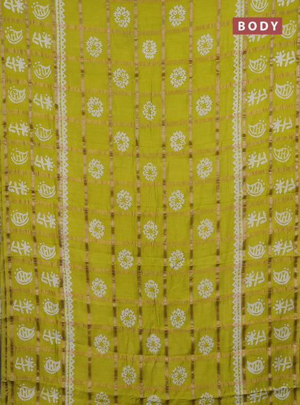 Semi chanderi saree lime yellow and off white with allover zari checks & batik prints and batik printed border