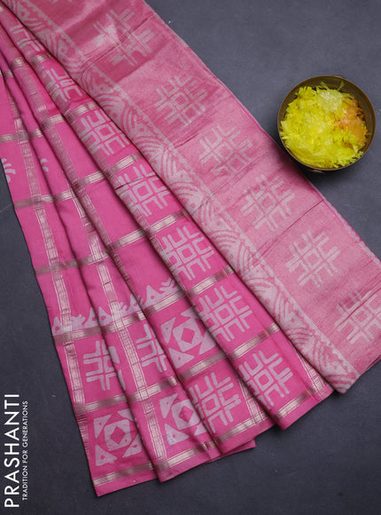 Semi chanderi saree light pink and off white with allover zari checks & batik prints and batik prints & zari checked border