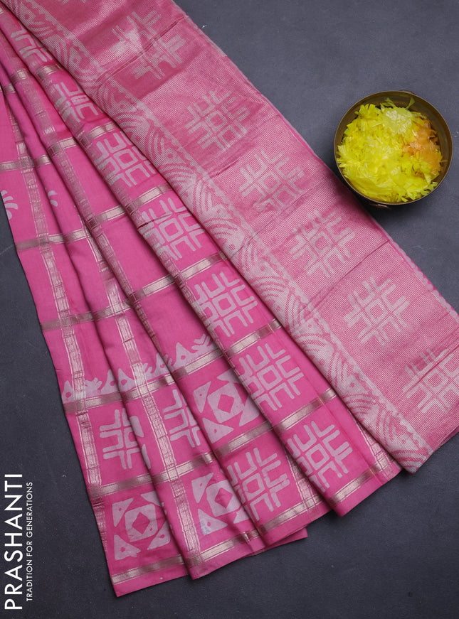 Semi chanderi saree light pink and off white with allover zari checks & batik prints and batik prints & zari checked border