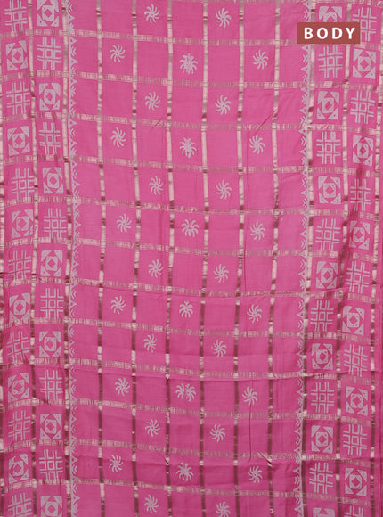 Semi chanderi saree light pink and off white with allover zari checks & batik prints and batik prints & zari checked border