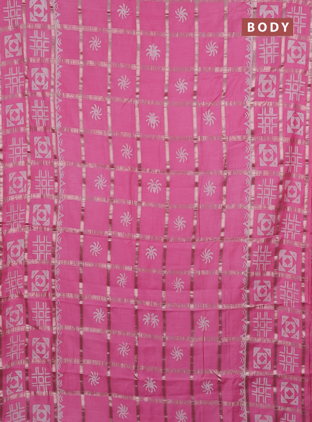 Semi chanderi saree light pink and off white with allover zari checks & batik prints and batik prints & zari checked border
