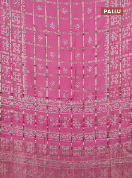 Semi chanderi saree light pink and off white with allover zari checks & batik prints and batik prints & zari checked border