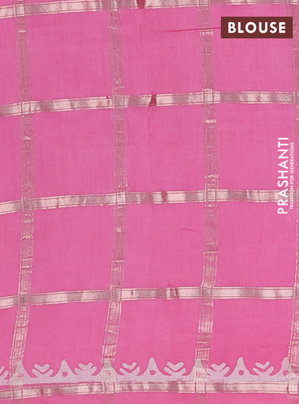 Semi chanderi saree light pink and off white with allover zari checks & batik prints and batik prints & zari checked border