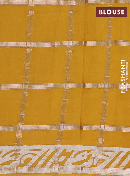 Semi chanderi saree mustard and off white with allover zari checks & batik prints and batik printed border
