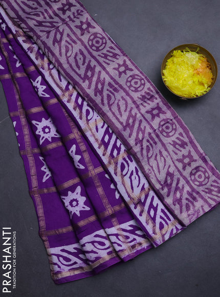 Semi chanderi saree purple and off white with allover zari checks & batik prints and batik printed border