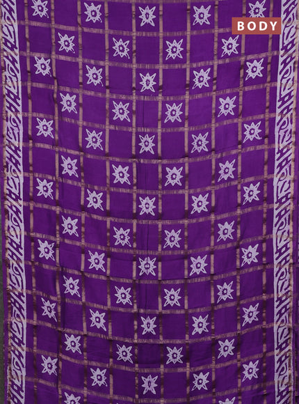 Semi chanderi saree purple and off white with allover zari checks & batik prints and batik printed border
