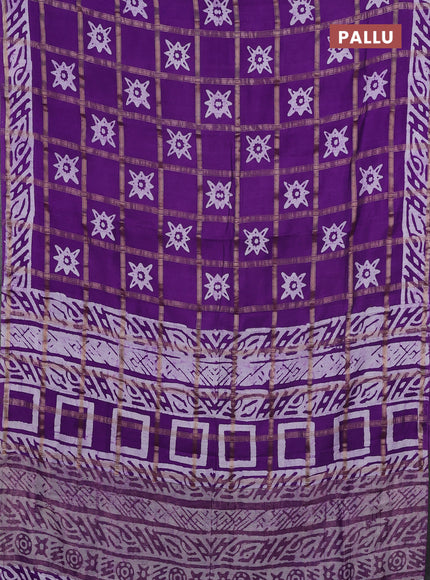 Semi chanderi saree purple and off white with allover zari checks & batik prints and batik printed border