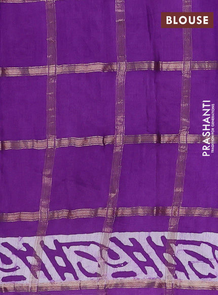 Semi chanderi saree purple and off white with allover zari checks & batik prints and batik printed border