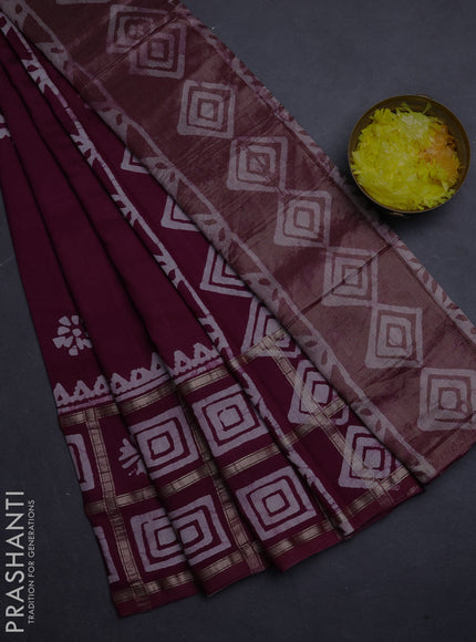 Semi chanderi saree wine shade and off white with batik butta prints and batik prints & zari checked border