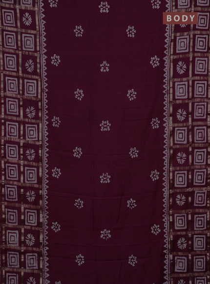 Semi chanderi saree wine shade and off white with batik butta prints and batik prints & zari checked border