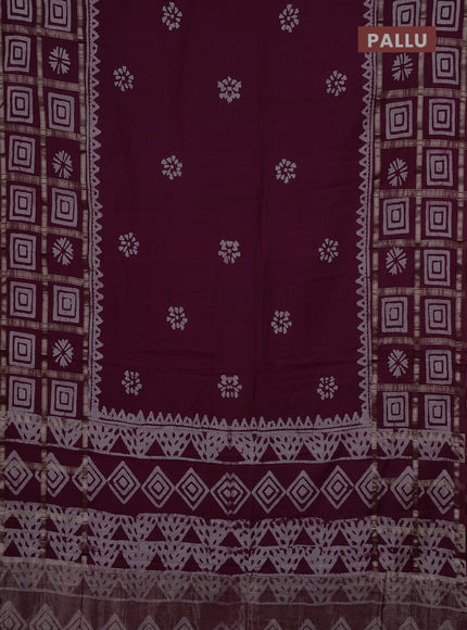 Semi chanderi saree wine shade and off white with batik butta prints and batik prints & zari checked border