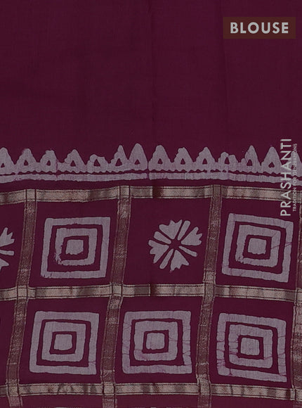 Semi chanderi saree wine shade and off white with batik butta prints and batik prints & zari checked border