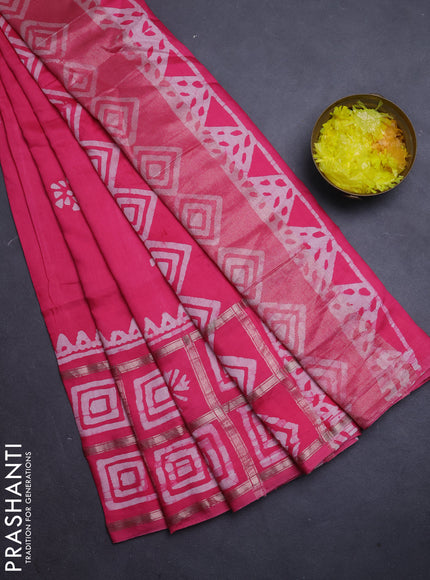 Semi chanderi saree peach pink and off white with batik butta prints and batik prints & zari checked border