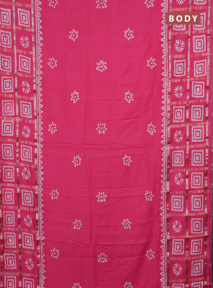Semi chanderi saree peach pink and off white with batik butta prints and batik prints & zari checked border