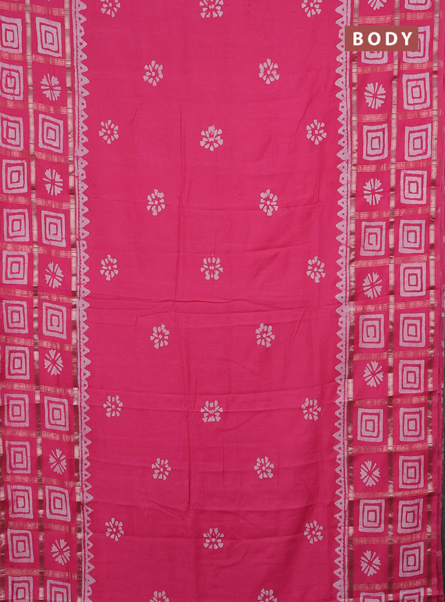 Semi chanderi saree peach pink and off white with batik butta prints and batik prints & zari checked border