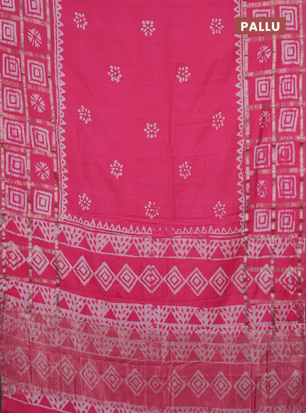 Semi chanderi saree peach pink and off white with batik butta prints and batik prints & zari checked border