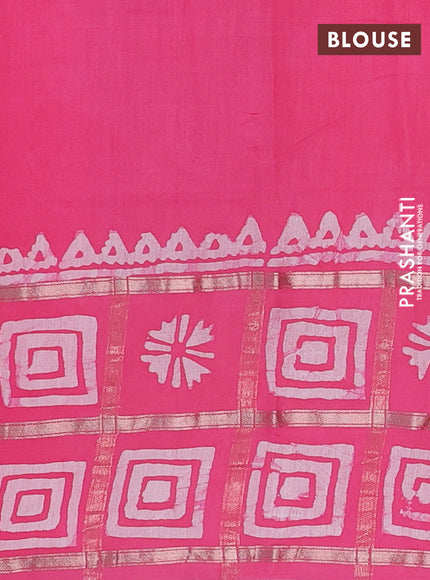 Semi chanderi saree peach pink and off white with batik butta prints and batik prints & zari checked border