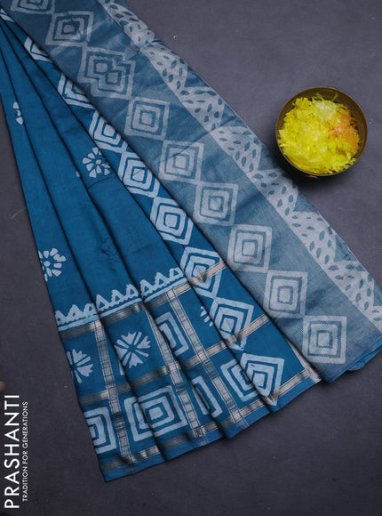 Semi chanderi saree teal blue and off white with batik butta prints and batik prints & zari checked border