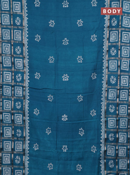 Semi chanderi saree teal blue and off white with batik butta prints and batik prints & zari checked border