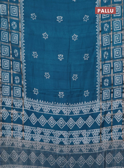 Semi chanderi saree teal blue and off white with batik butta prints and batik prints & zari checked border