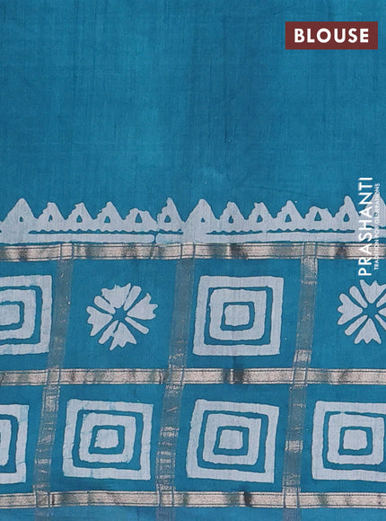 Semi chanderi saree teal blue and off white with batik butta prints and batik prints & zari checked border