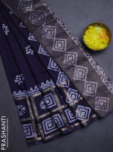 Semi chanderi saree navy blue and off white with batik butta prints and batik prints & zari checked border