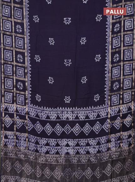 Semi chanderi saree navy blue and off white with batik butta prints and batik prints & zari checked border