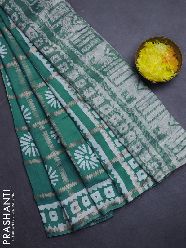 Semi chanderi saree teal green and off white with allover zari checks & batik prints and batik printed border