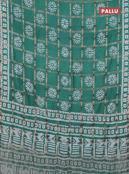 Semi chanderi saree teal green and off white with allover zari checks & batik prints and batik printed border