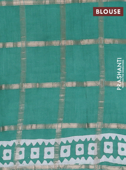 Semi chanderi saree teal green and off white with allover zari checks & batik prints and batik printed border