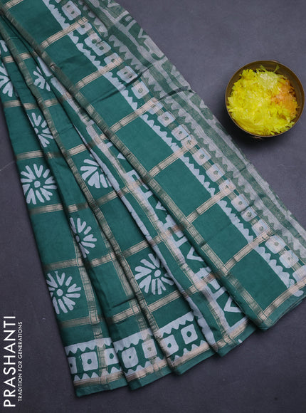 Semi chanderi saree teal green with allover zari checks & batik prints in borderless style