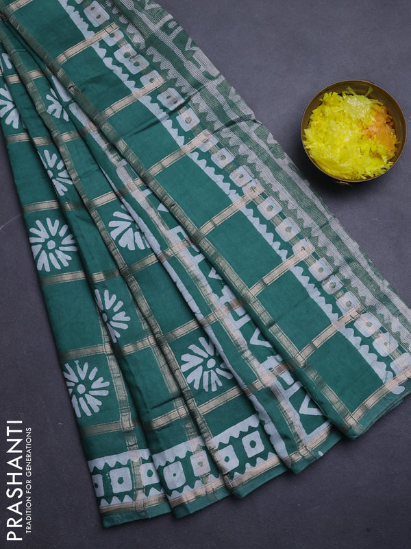 Semi chanderi saree teal green with allover zari checks & batik prints in borderless style