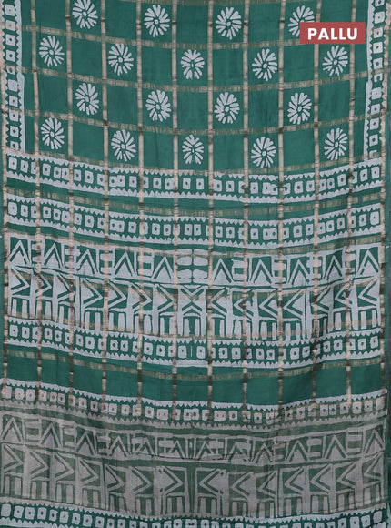 Semi chanderi saree teal green with allover zari checks & batik prints in borderless style