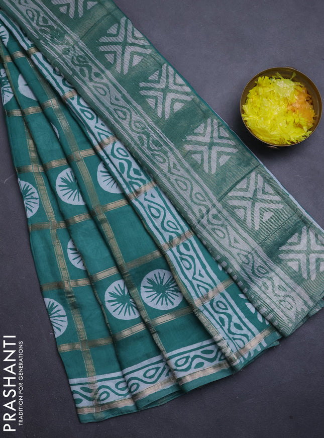 Semi chanderi saree green with allover zari checks & batik prints in borderless style