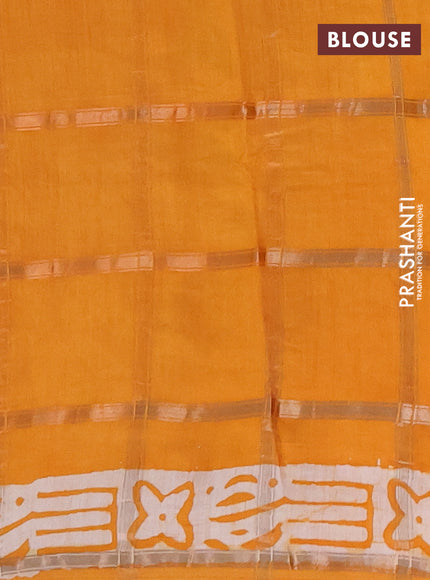 Semi chanderi saree dark mustard with allover zari checks & batik prints in borderless style