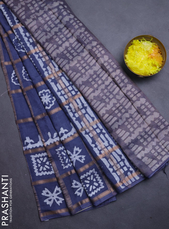 Semi chanderi saree dark grey with allover zari checks & batik prints in borderless style