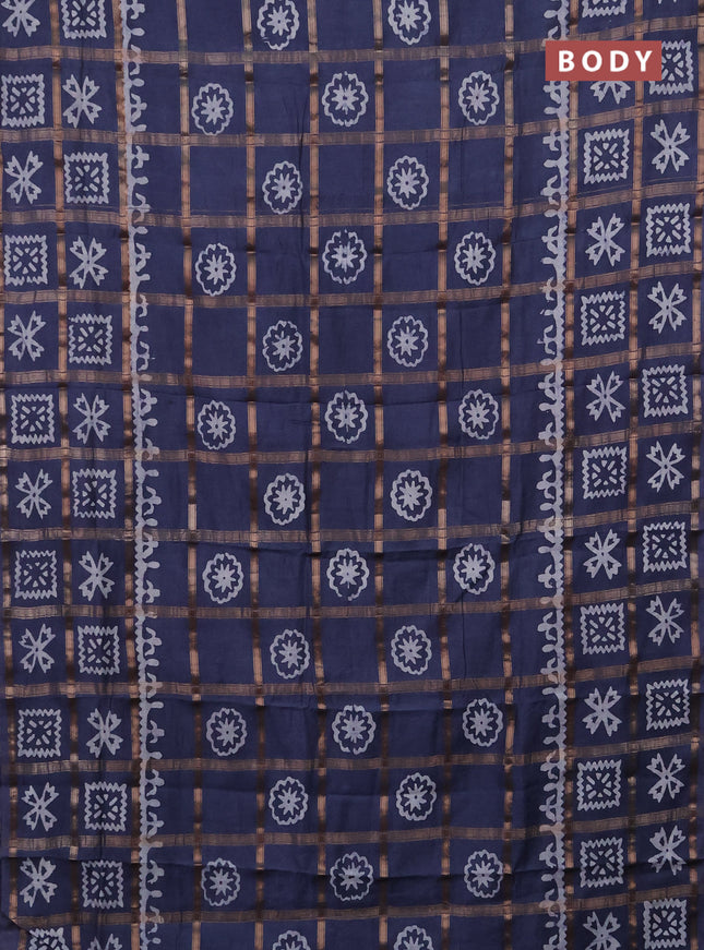 Semi chanderi saree dark grey with allover zari checks & batik prints in borderless style