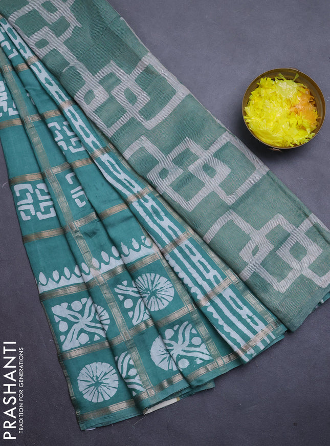Semi chanderi saree green with allover zari checks & batik prints in borderless style