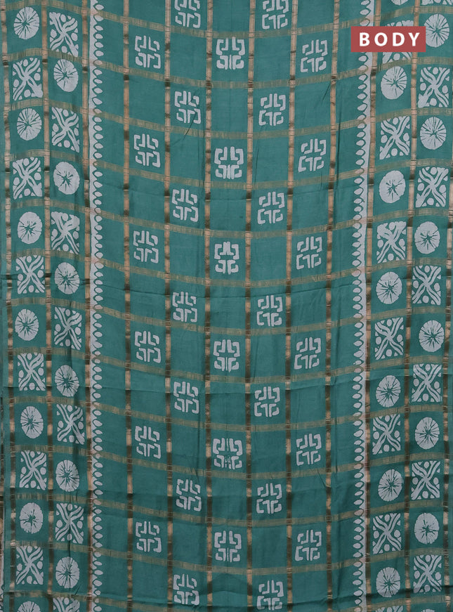 Semi chanderi saree green with allover zari checks & batik prints in borderless style