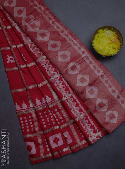 Semi chanderi saree red with allover zari checks & batik prints in borderless style