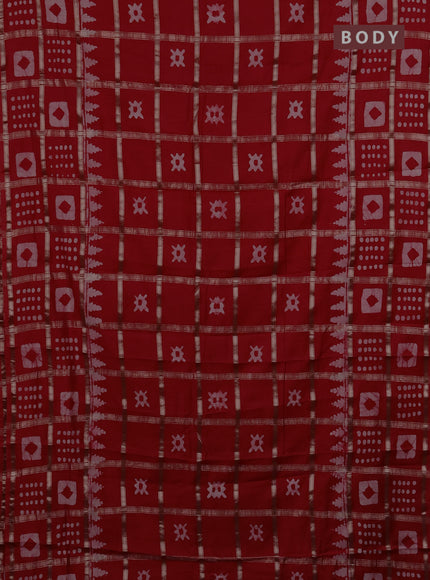 Semi chanderi saree red with allover zari checks & batik prints in borderless style
