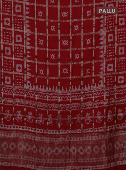 Semi chanderi saree red with allover zari checks & batik prints in borderless style
