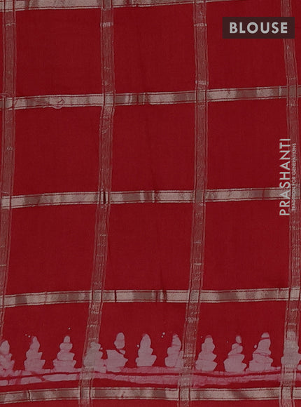 Semi chanderi saree red with allover zari checks & batik prints in borderless style