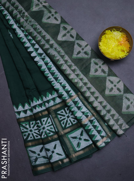 Semi chanderi saree bottle green and off white with batik butta prints and batik prints & zari checked border