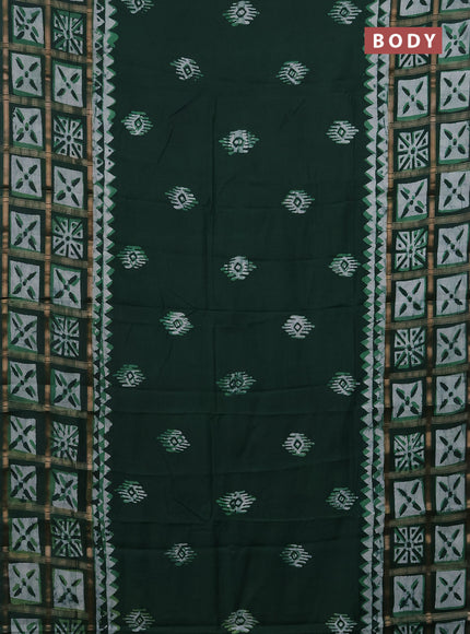 Semi chanderi saree bottle green and off white with batik butta prints and batik prints & zari checked border