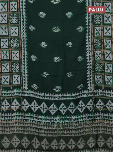 Semi chanderi saree bottle green and off white with batik butta prints and batik prints & zari checked border