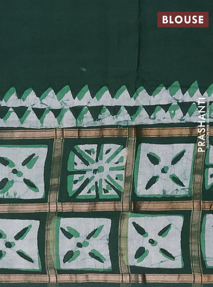 Semi chanderi saree bottle green and off white with batik butta prints and batik prints & zari checked border