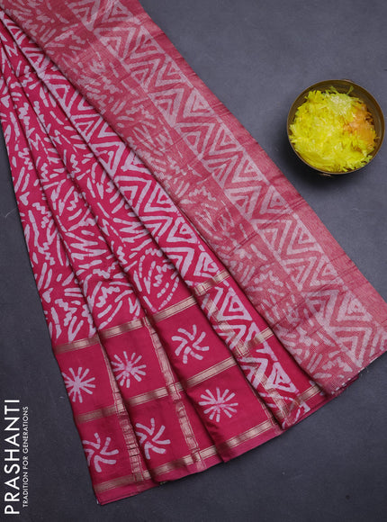 Semi chanderi saree pink and off white with batik prints and batik prints & zari checked border