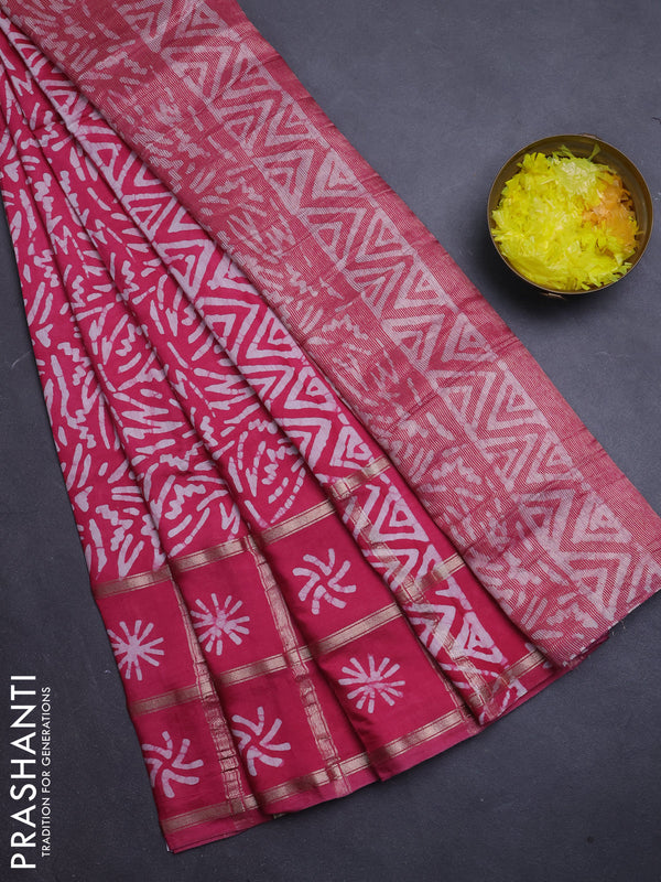 Semi chanderi saree pink and off white with batik prints and batik prints & zari checked border