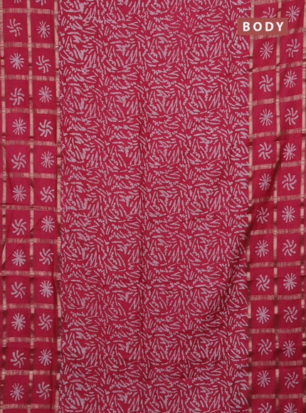 Semi chanderi saree pink and off white with batik prints and batik prints & zari checked border